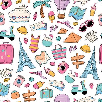 Summer seamless pattern with doodles, cartoon elements for backgrounds, seasonal textile prints, wallpaper, stationery, wrapping paper, covers, social media decor, etc. EPS 10
