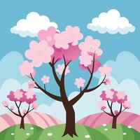 spring landscape with cherry blossom trees and clouds vector