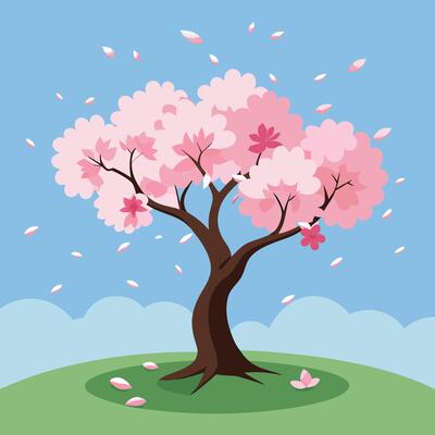 a cartoon illustration of a cherry tree with pink blossoms