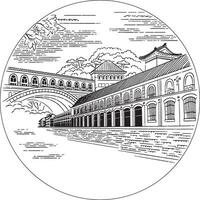 building and bridge line art design vector