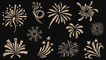 Doodle crayon fireworks. Set of colorful pencil drawn lightning, explosion, sun rays, swirls, firecrackers, sparkles, motion effects. Bursting rays line icon. illustration in kid's style. vector