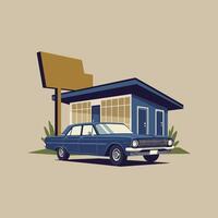 Vintage Car Parked by a Retro Motel with Blank Sign vector