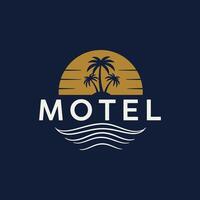 Designing Minimalist Motel Logo with Palm Trees Sun and Waves vector