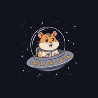 Hamster Flying Spaceship Cartoon Illustration in Outer Space Adventure vector