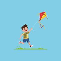 Happy Boy Running and Flying a Kite on a Sunny Day vector