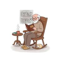 Man Reading Book Relaxing in Rocking Chair with Sleeping Cat vector
