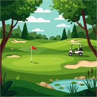 Playing Golf on a Peaceful Green Course with Trees and Pond vector