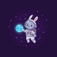Astronaut Rabbit Floating in Space Holding a Glowing Blue Orb vector