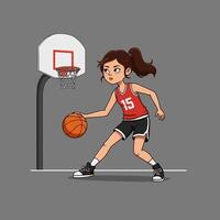 Girl Dribbling Basketball Near Hoop Practice Playing with Determination vector