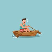 Man Rowing with Intense Effort in a Wooden Boat on Water vector