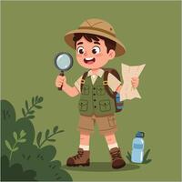 Boy Exploring with Magnifying Glass and Map in Nature Illustration vector