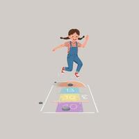 Girl Playing Hopscotch Jumping with Joyful Expression and Colorful Numbers vector