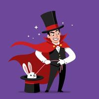 Magician Performing Trick with Rabbit in Hat with Smiling Face vector