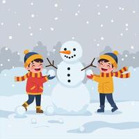 Children Building Snowman in Snowy Winter Scene with Cartoon Style vector