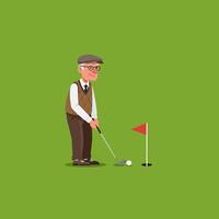 Senior Man Playing Golf Putting Ball Near Hole with Red Flag vector