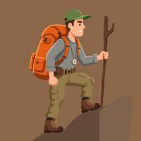 Man Hiking Up a Hill with Backpack and Walking Stick Cartoon vector