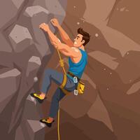 Man Rock Climbing on Cliff with Safety Gear and Focused Expression vector
