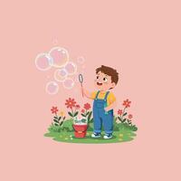 Boy Blowing Bubbles in Garden with Wand and Soapy Water vector