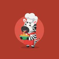 Zebra Chef Enjoying Spaghetti Meal Against a Reddish-brown Background vector