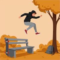 Jumping Person in Autumn Park with Bench and Skateboard vector