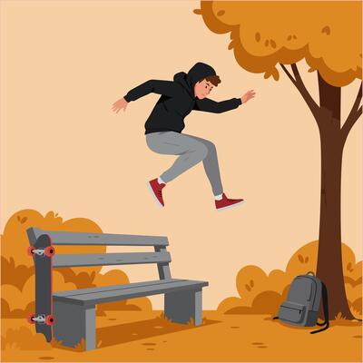 Jumping Person in Autumn Park with Bench and Skateboard
