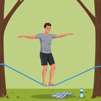 Man Balancing on Slackline Between Trees Outdoors in a Park vector