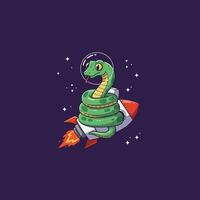 Cartoon Snake Wearing Astronaut Helmet Riding a Rocket in Space vector