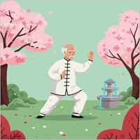Person Practicing Tai Chi in a Garden with Blooming Trees vector