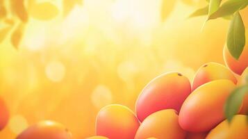 A dreamy summer background with ripe mangoes resting under a golden sunset glow. Soft gradients of orange, yellow, and pink create a warm, inviting atmosphere, with a blank space in the center photo