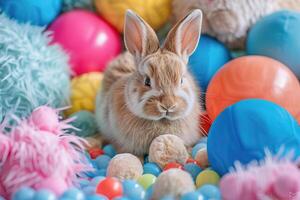 close-up adorable fluffy bunny in a playful mood, surrounded by plush toys and colorful balls photo