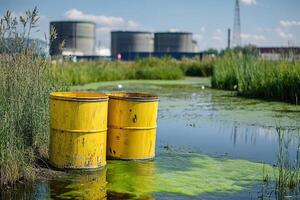 yellow barrels with toxic waste against the background of a factory with pipes photo