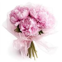 romantic and elegant bouquet of pink peonies with large ruffled petals and delicate wrapping isolated on a white background photo