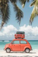 vertical summer vacation travel image little red retro toy car with luggage on blurred sea beach background surrounded by palm leaves photo