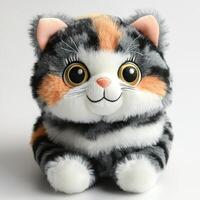 close-up plush cat toy with soft fur and a striped pattern isolated on a white background photo