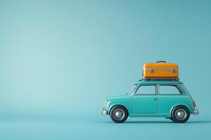 summer vacation traveling concept retro toy car with suitcase on roof with green palm leaves around on light blue background with copy space photo