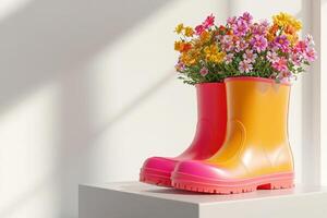 springtime postcard close-up pair of orange rain rubber boots with bouquet of different flowers on white background with copy space photo
