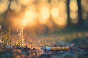 close-up of unextinguished smoldering cigarette on the ground on blurred forest background at sunset photo