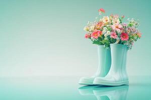 close-up pair of rain rubber boots with different colorful flowers on green background with copy space photo