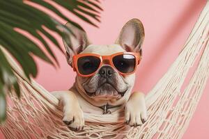 French bulldog dog in sunglasses lies in a hammock on a pink background with palm leaves photo