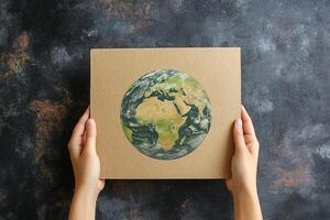 hands holding a cardboard poster with image of planet earth top view on grey concrete background photo
