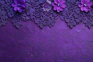 top view purple lace fabric with floral motif textured abstract background with copy space photo