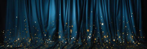 banner of blue curtain with many small golden shiny stars on stage of theater or cinema, empty elegant scene background photo