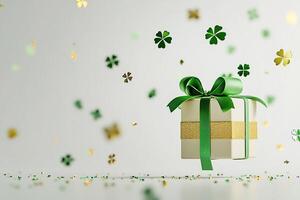 levitation small gift box wrapped in ribbon, surrounded by floating green and gold shamrocks against a light neutral background with copy space photo