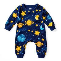 top view little newborn baby overalls with cosmic universe pattern with stars and planets on dark blue isolated on white background photo