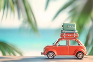 vacation traveling concept red retro toy car with suitcase on roof standing against backdrop of summer sea beach with palm trees with copy space photo