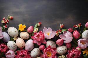easter composition top view many colorful eggs with flowers on dark grey concrete background with copy space photo
