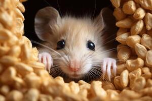 close-up of a cute little mouse peeking out from behind a pile of seeds photo