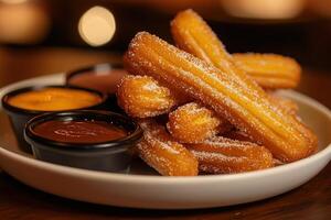 close-up plate of freshly made churros dusted with sugar, surrounded by dipping sauces like chocolate and caramel placed on wooden table with blurred background photo