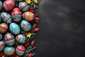 beautiful spring composition top view many colorful easter decorated eggs with flowers on dark grey concrete background with copy space photo