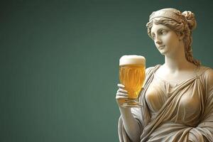 roman antique statue of woman with glass of cold refreshing beer on green background with copy space photo